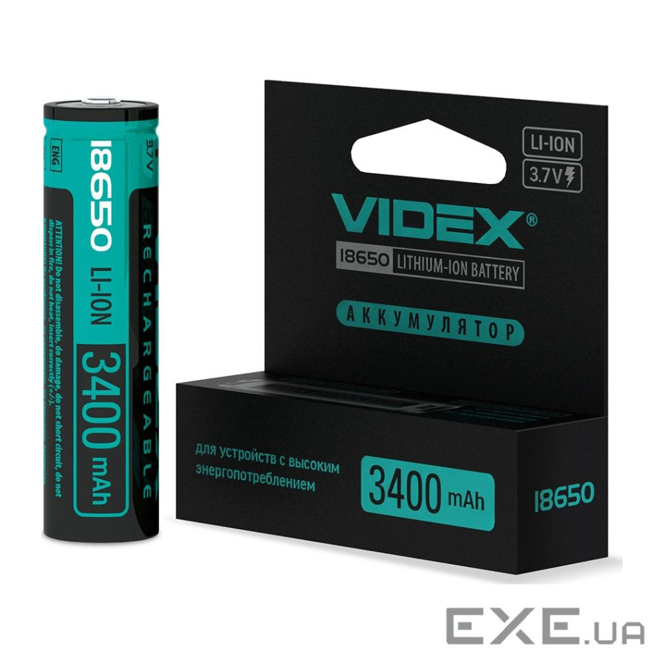 Акумулятор 18650 3400mAh Li-Ion, protect, color box/1шт Videx (18650-P/3400/1CB)