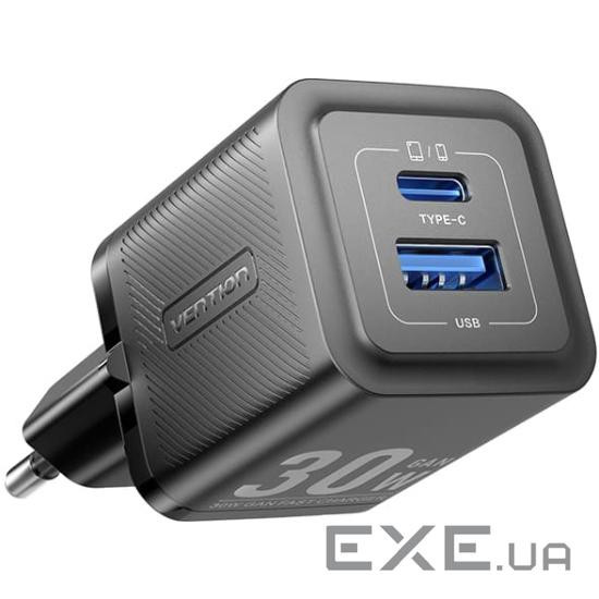 Зарядний пристрій 2xUSB 30W (USB-A/USB-C) + USB-C cable М-М Black Vention (TZ-FEQB0-EU-01)