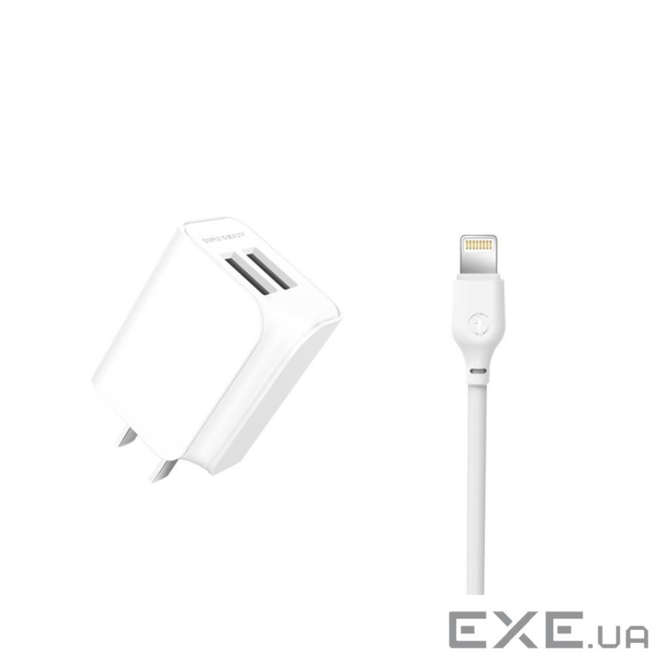 Зарядний пристрій XO L35D 2USB / 2.1А + Lightning white (XO-L35-LGHT)