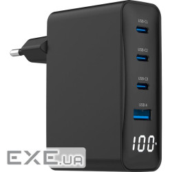 Зарядний пристрій GEMBIRD 1xUSB-A, 3xUSB-C, PD+QC3.0 GaN 100W Black (TA-UC-PDQC100LCD-01-BK)