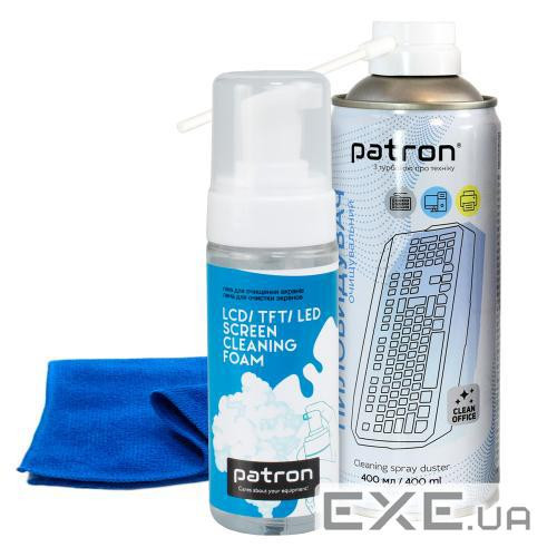 Набір Patron, що чистить: спрей-піна для екранів 150 мл, стиснене повітря 400 мл, серветка (CS-PN-BUNDL-9)