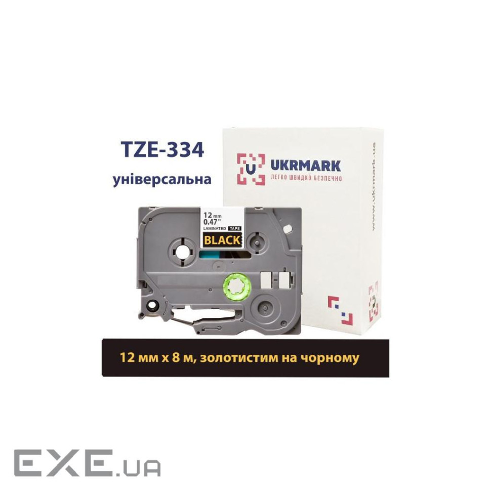 Стрічка для принтера етикеток UKRMARK B-T334P, ламінована, 12мм х 8м, gold on black, аналог (900556)