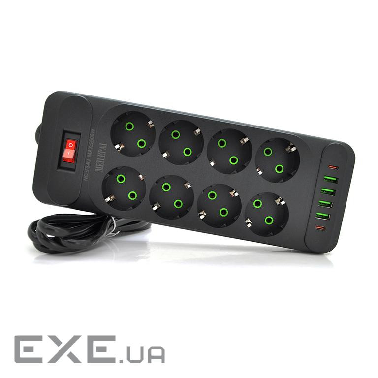 Мережевий фільтр F34U, 8 розеток EU + 4 USB + 2 PD, кнопка включення з індикатором, 2 м (F34U-Black) (F34U-Black)