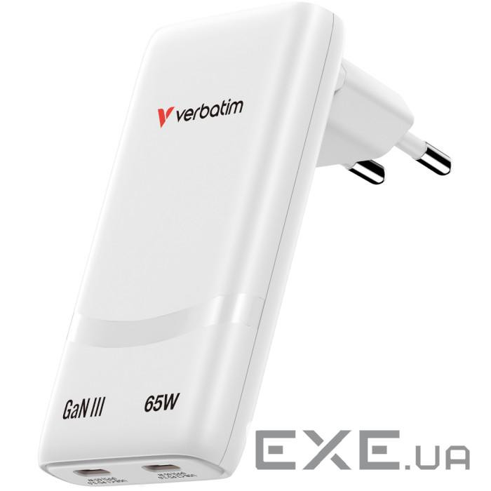 Зарядний пристрій VERBATIM Fold 'n' Go GaN 65W 2xUSB-C, PD3.0 White (32355)