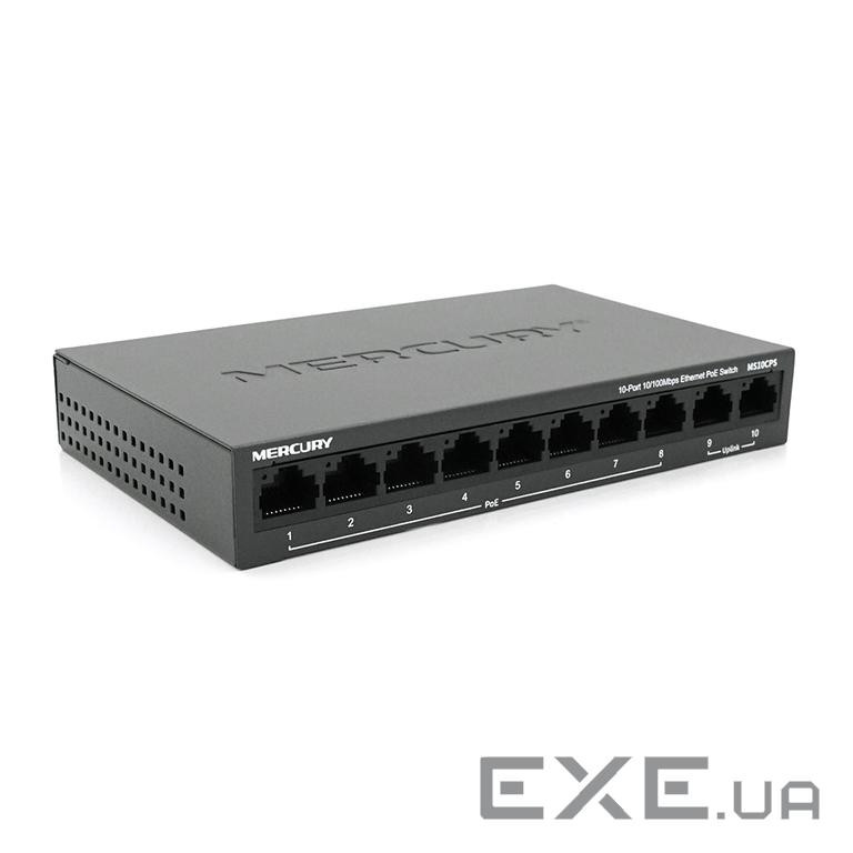 Комутатор POE Mercury MS10CPS з 8 портами POE + 2 порти UP-Link 100Мбіт, БП у комплекті, Q18 , Q18