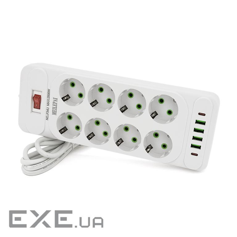 Мережевий фільтр F34U, 8 розеток EU + 4 USB + 2 PD, кнопка включення з індикатором, 2 м (F34U-White) (F34U-White)
