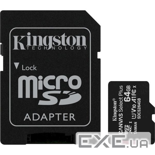 Карта пам'яті KINGSTON microSDXC Canvas Select Plus 64GB UHS-I U3 V10 A1 Class 10 + SD-a (SDCS2/64GB)