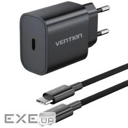 Зарядний пристрій 1xUSB-C 20W + USB-C cable М-М Black Vention (G16B0-EU)