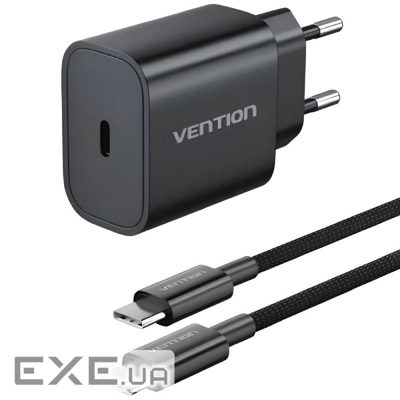 Зарядний пристрій 1xUSB-C 20W + USB-C cable М-М Black Vention (G16B0-EU)
