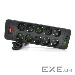 Мережевий фільтр F35U, 10 розеток EU + 4 USB + 2 PD, кнопка включення з індикатором, 2 (F35U-Black) , 2 (F35U-Black)