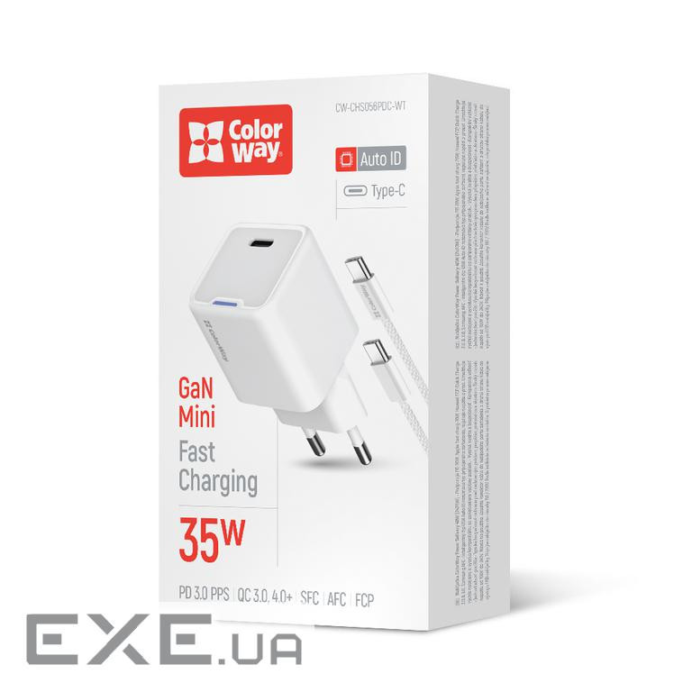 Зарядний пристрій ColorWay GaN Mini 35W PD Port PPS USB-C white cable Type-C (CW-CHS056PDC-WT)