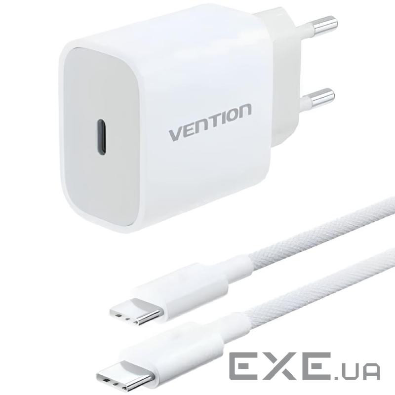 Зарядний пристрій 1xUSB-C 20W + USB-C cable М-М White Vention (G16W0-EU)