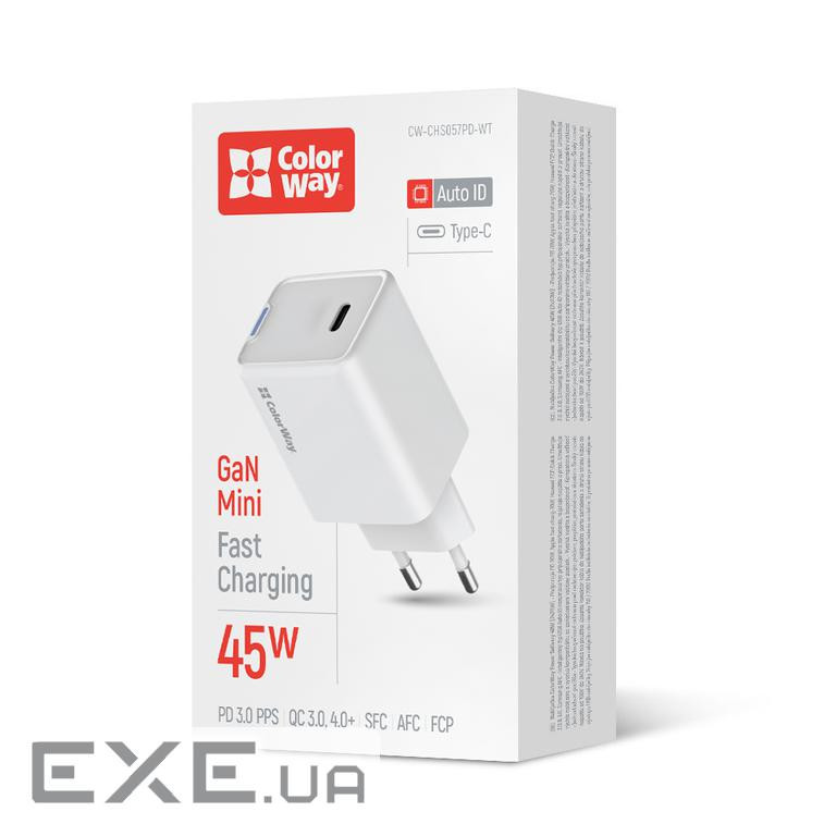 Зарядний пристрій ColorWay GaN Mini 45W PD Port PPS USB-C white (CW-CHS057PD-WT)