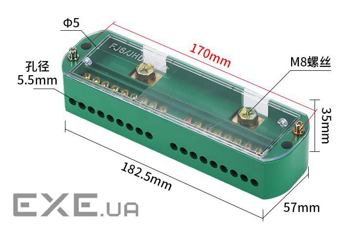 Паралельний розгалужувач-спліттер проводів FJ6 / JHD-2-18,1фаза-2вхід М8, 18 виходів(латунь) 1,5-35х
