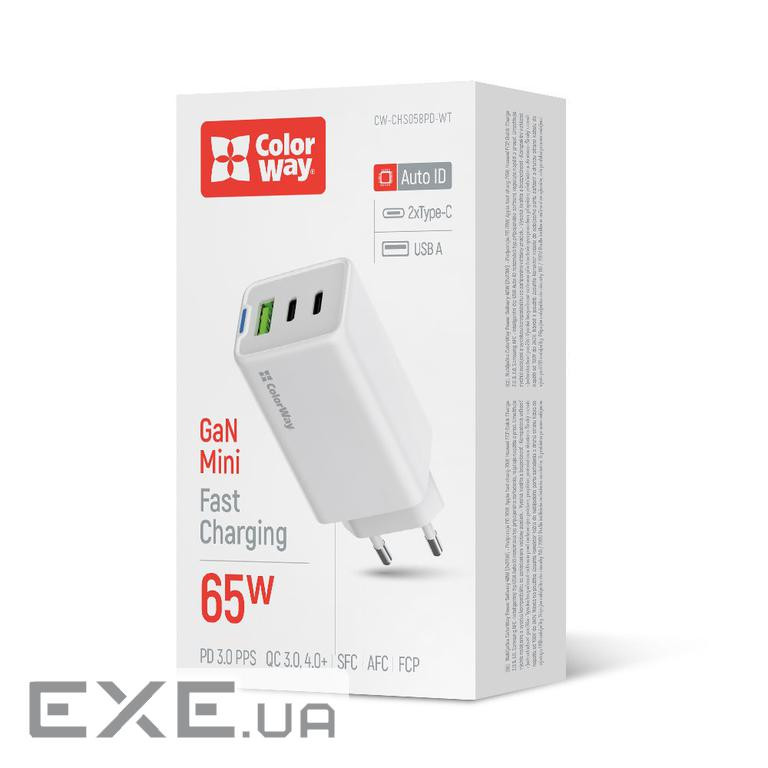 Зарядний пристрій ColorWay GaN Mini 65W PD Port PPS USB (USB-2C1A) white (CW-CHS058PD-WT)