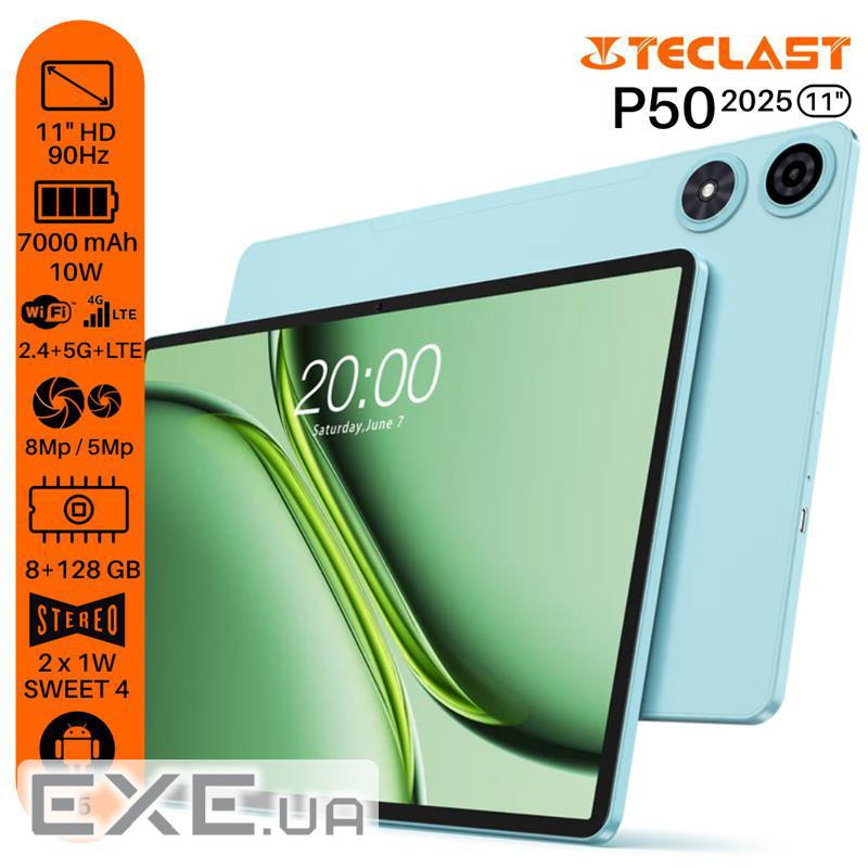 Планшет Teclast P50 (2025) 11" 8ГБ, 128ГБ, LTE, 7000мА•год, Android, блакитний (6940709687550)