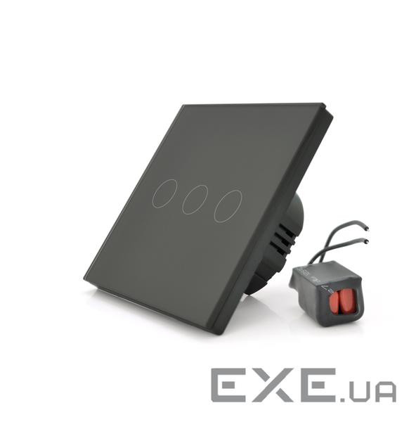 Сенсорний вимикач без заземлення + WiFi керування, триканальний, чорний, 86х86х35мм (17928)