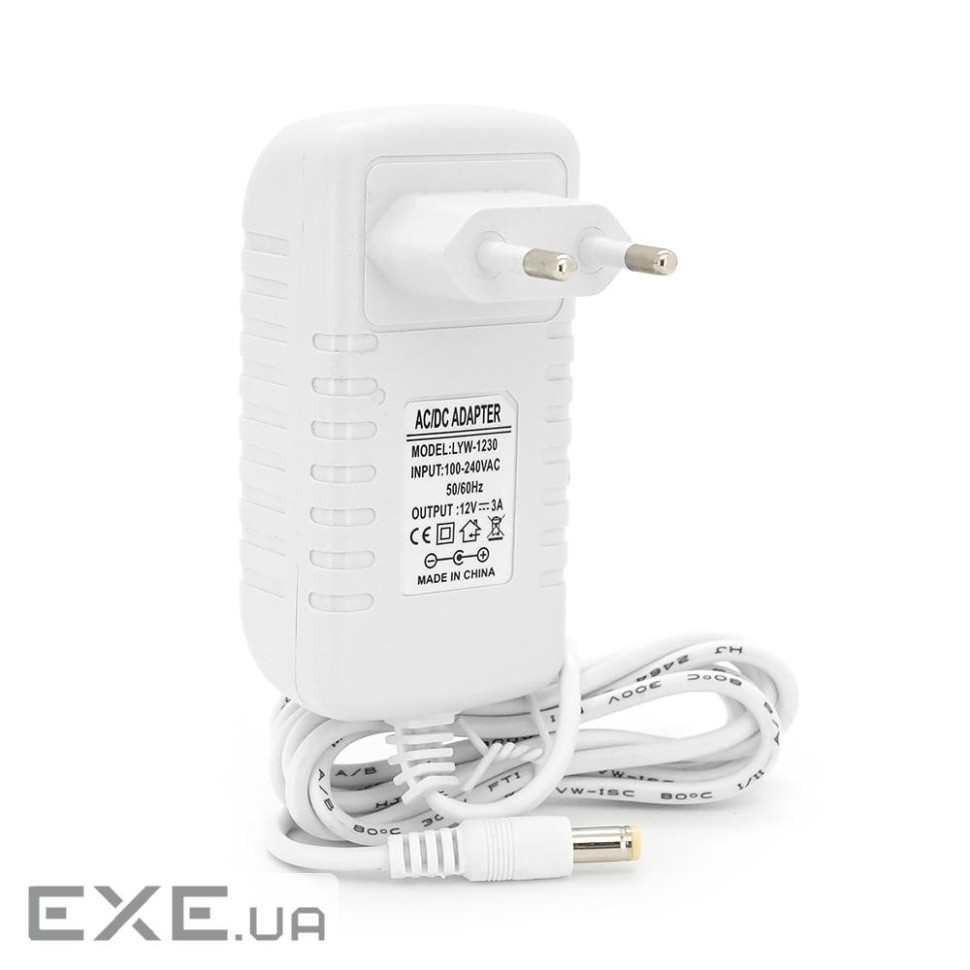 Імпульсний блок живлення 12В 3А (36Вт) штекер 5.5 / 2.1 довжина 1,4 м, Q50, White (LYW-1230W)