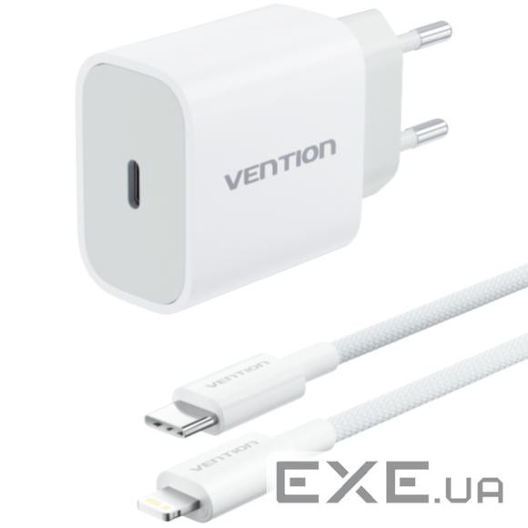 Зарядний пристрій 1xUSB-C 20W + USB-C to Lightning cable М-М White Vention (G17W0-EU)