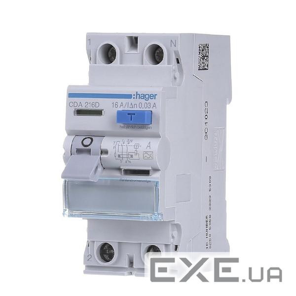 Диференційне реле 2P, 6kA, 16A,30mA, A, Hager CDA216D