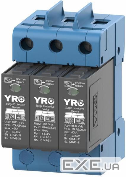 Захист від перенапруг YRSP-D2 DC SPD 3P 20-40KA 1000Vdc T2 триполюсний (YRSP-D2-1000-20-40KA-3p) (YRSP-D2-1000-20-40KA-3