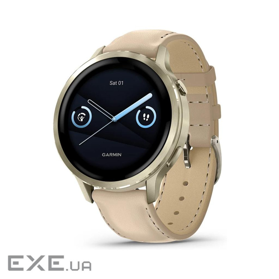 Смарт-годинник Garmin Venu 4 (41mm), Beige w/ Lunar Gold + Leather, GPS смарт-годинник (010-03013-03