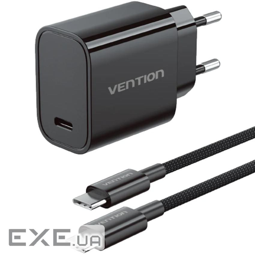 Зарядний пристрій 1xUSB-C 30W + USB-C cable М-М Black Vention (G18B0-EU)