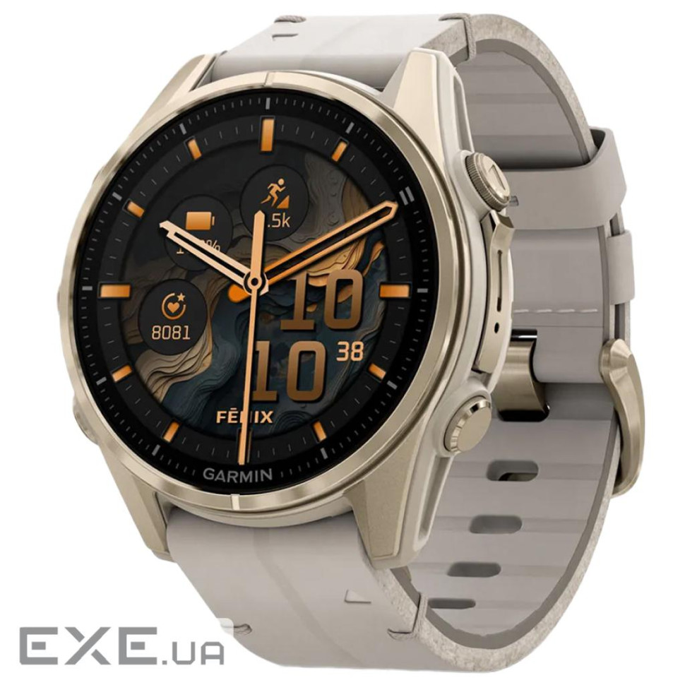 Смарт-годинник Garmin fenix 8 43mm, AMOLED, Saph, SftGldSS/FogGryLeatherBnd, Excl, GPS (010-02903-40)