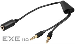 Перехідник аудіо Jack 3.5mm 4pin-3.5mm 3pinx2 F/M,0.4m (L-R-Mic-Gnd) CTIA Gold Cu (75.04.8980 black) Jack 3.5mm 4pin-3.5