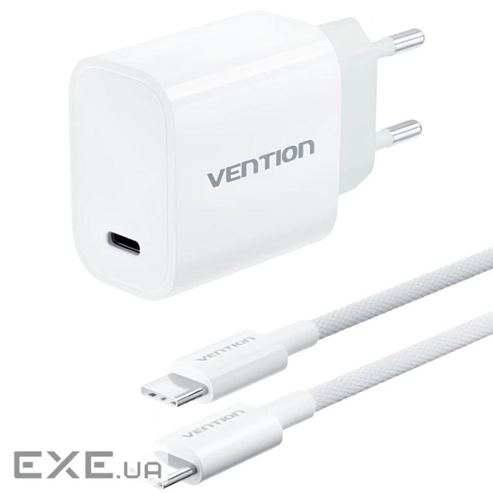 Зарядний пристрій 1xUSB-C 30W + USB-C cable М-М White Vention (G18W0-EU)