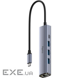 Хаб USB 3.0 Type-C -> 3хUSB-A, 1хUSB-C (5 Гбіт/с), 1xGigabit Ethernet port, алюмінієвий корп (UH605)