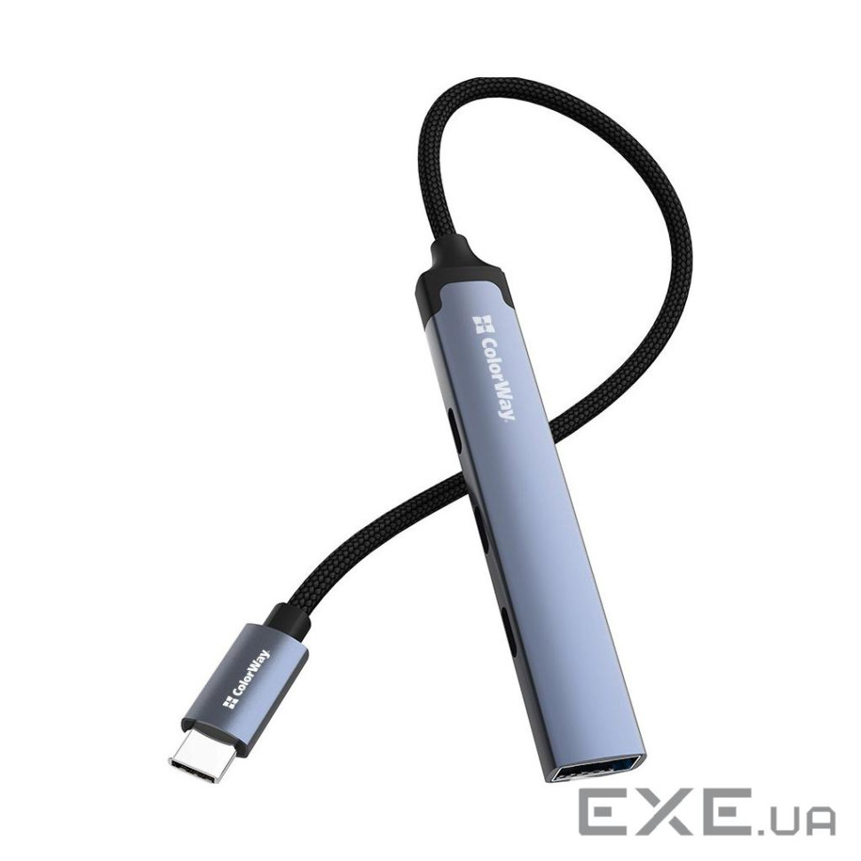 Хаб USB ColorWay ''4-in-1'', Grey, Type-C 3.0 - 1xUSB 3.0 / 3xType-C 2.0, кабель 12 см, алю (CW-HUB07)