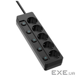 Фільтр мережевий ColorWay, 5 розеток, 2 м, Black, 16А, до 3.5 кВт, індивідуальний вим (CW-PSEA52SBK)
