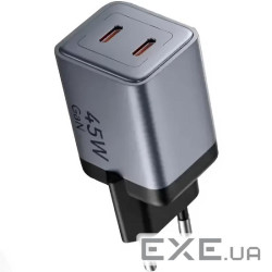 Зарядний пристрій 2xUSB-C 45W PD3.0/QC/GaN + USB-C cable М-М чорний Vention (TZ-FCDH0-EU)