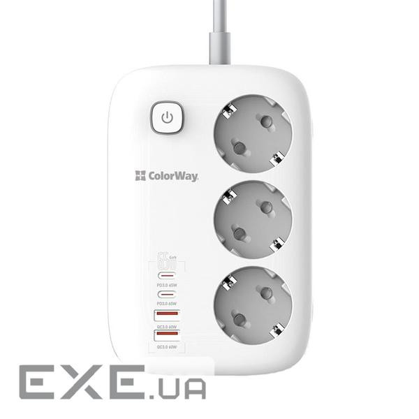 Мережевий фільтр COLORWAY CW-CHE34PDW White, 3 розетки, 2xUSB-C, 2xUSB, 2м