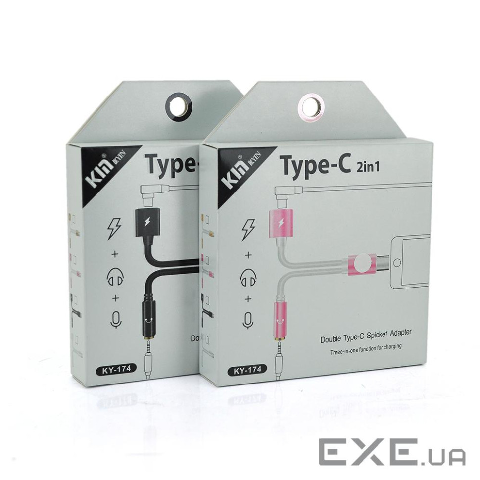 Перехідник 2 в 1 KY-174 Type-C(M) =>Type-C(F) + Jack 3.5mm(F), 5см, Black, Box (KY-174 Black)
