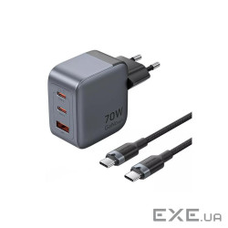 Зарядний пристрій Vention 2xUSB-C PD70W + 1xUSB QC3.0 22.5W GaN + cable USB-C to USB-C (TZ-FEXH0-EU)