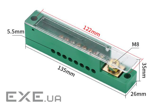 Паралельний розгалужувач-спліттер проводів FJ6 / JHD-1-8, 1фаза-1вхід М8, 8виходів(латунь)1,5-35х1,5 1,5