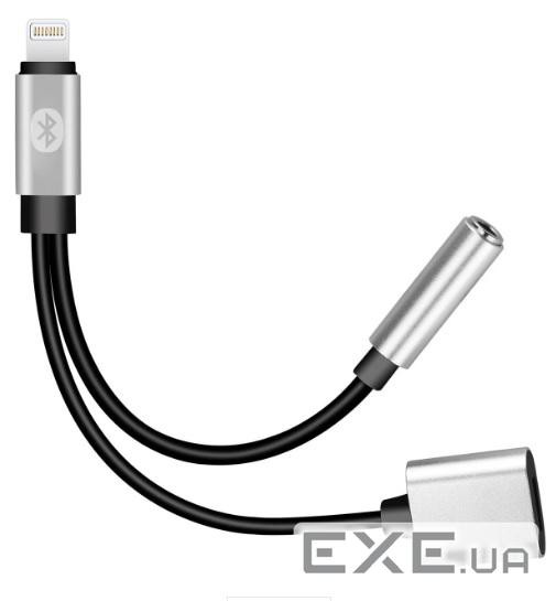 Перехідник 2 в 1 Y026 Lighting(M) =>Lighting(F) + Jack 3.5mm(F), 5см, Black / Silv (DPN-Y026) , Black / Silv (DPN-Y026)