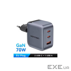 Зарядний пристрій Vention 1xUSB-C PD70W + 1xUSB QC3.0 22.5W GaN + cable USB-C to USB-C (TZ-FCGH0-EU)