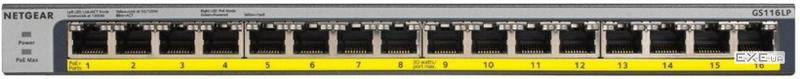 Комутатор NETGEAR GS116LP 16x1GE PoE+(76Вт), FlexPoE, некерований (GS116LP-100EUS)
