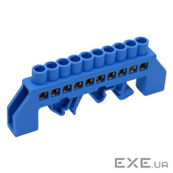 Шина нульова ізольована на DIN-рейку (універсальна) 10 отв., блакитна (T6U-10) (T6U-10)