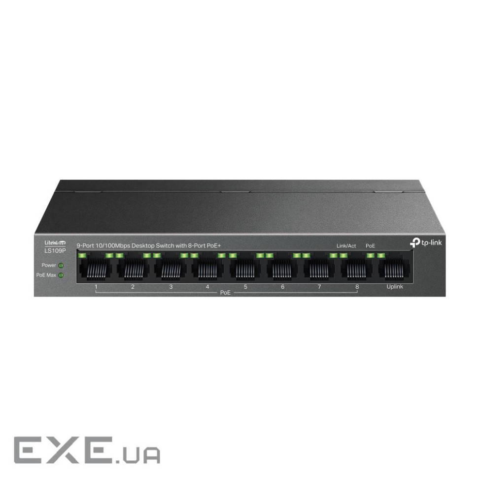 Комутатор 9-портовий настільний 10/100 Мбіт/с з 8 портами PoE+ TP-Link, LS109P TP-LINK LS109P