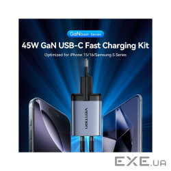 Зарядний пристрій Vention 2xUSB-C PD45W GaN + cable USB-C to USB-C 1.0m 5A gray (TZ-FCFH0-EU)