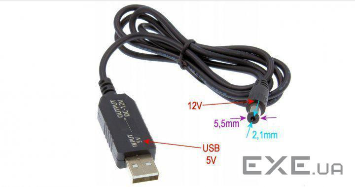 Кабель перетворювач напруги RCI C512 вхід USB 5V 2A max, вихід DC-male 5,5x2,1 12V 1A max.