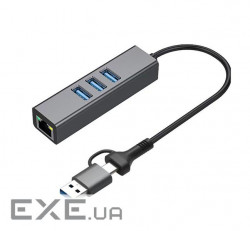 Адаптер Dynamode USB 3.0 Type-C/Type-A - RJ45 Gigabit Lan, 3*USB 3.0-порти, з каб.13 (DM-AD-GLAN-U3)