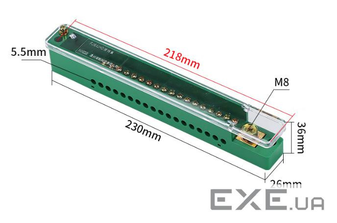 Паралельний розгалужувач-спліттер проводів FJ6 / JHD-1-18, 1фаза-1вхід М8, 18 виходу (латунь) 1,5-35 ) 1,5-35