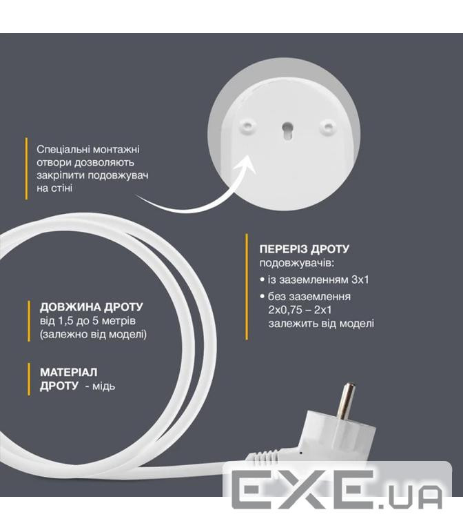 Подовжувач блоковий (PP) Electrum 5 розеток 3м з вимикачем та 2 Type-C + USB C-ES-1991