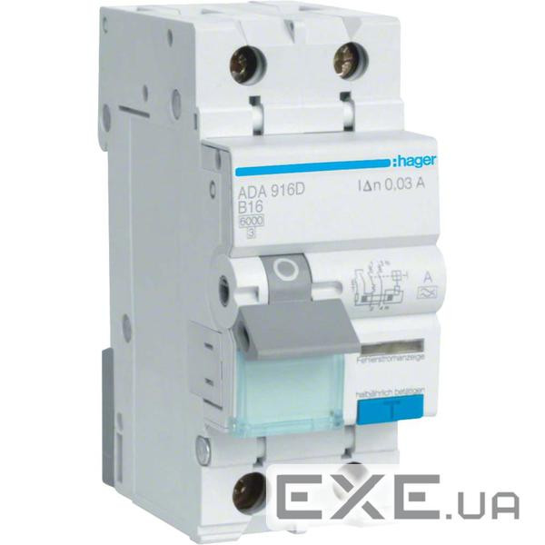 Дифавтомат 1P+N, 6kA, B-16A, 30mA, A Hager ADA916D