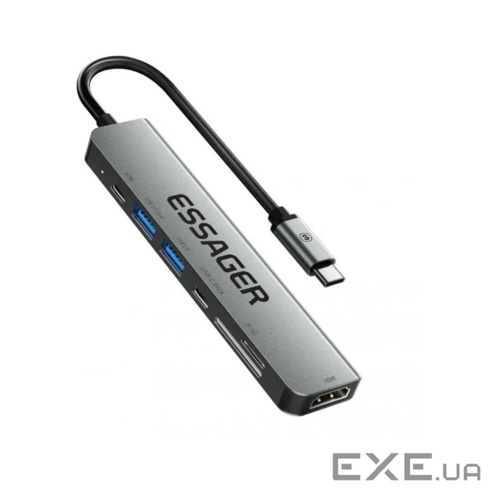Концентратор Essager USB-C 7-in-1 HDMI + USB 3.2 + USB-C + SD/TF gray (EHB07-QH0G-Z)